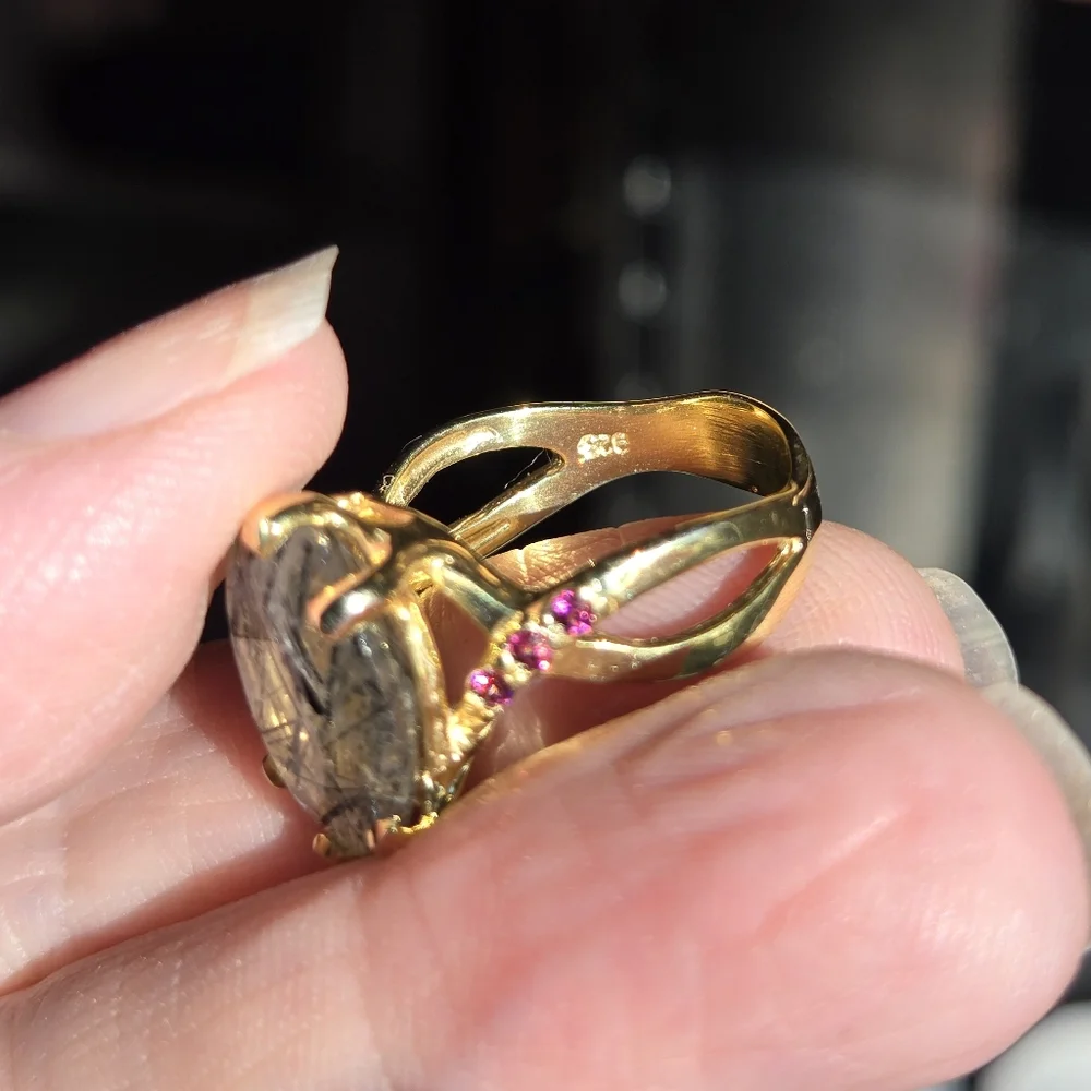 Rutil quarts 5k & Rhodolite sterling & gold infinity ring sz7.5 - Picture 4 of 9
